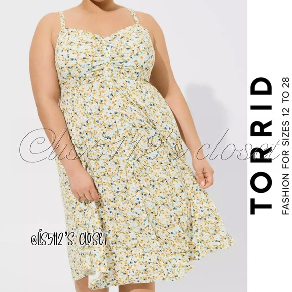 Torrid Sunshine Orange & Blue Ditsy Floral Soft Button-Front Midi Dress 2X 18 20 - Picture 1 of 16